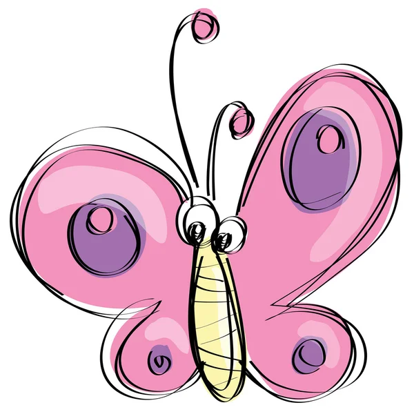 Dibujos animados mariposa rosa con cara divertida como niños ingenuos dibujo — Vector de stock