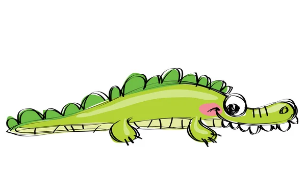 Karikatur grünes glückliches Krokodil mit lustigen Zähnen als Kinderzeichnung — Stockvektor