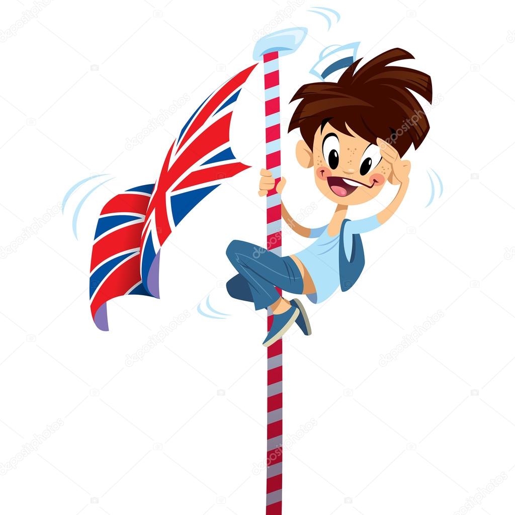 Cartoon excited happy smiling boy climbing on English flag pole
