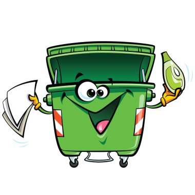 Mutlu gülümseyen yüz karikatür yeşil çöp kutusu karakteri ile gabadg
