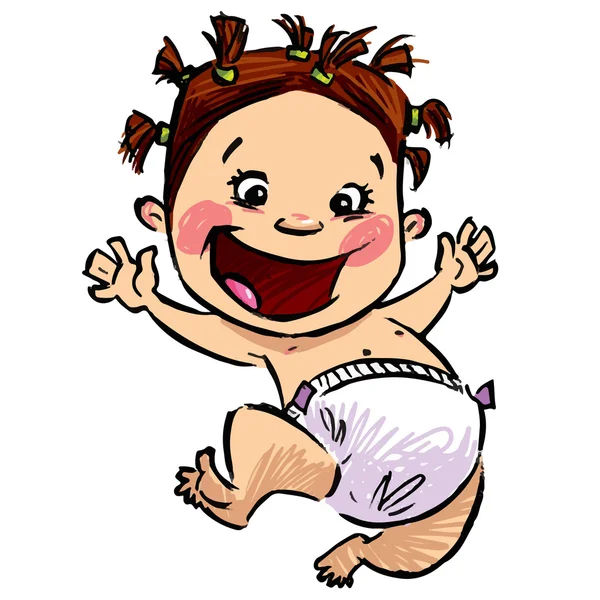 Cartoon baby girl with diapers and funny hair jumping high — Stock Vector