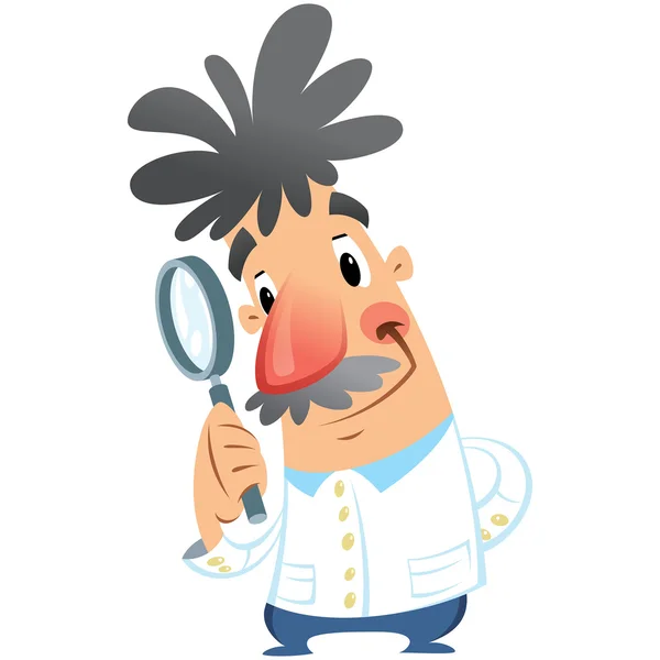 Cartoon happy smiling medical scientist holding magnifying glass — Stock Vector