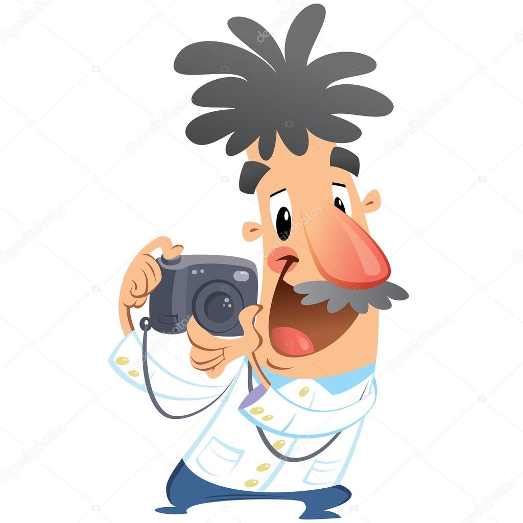 Cartoon crazy photographer character click on dslr camera taking