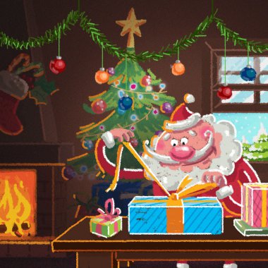 Çizgi film iç sahne Noel Baba kaydırma Christm için hediyeler.