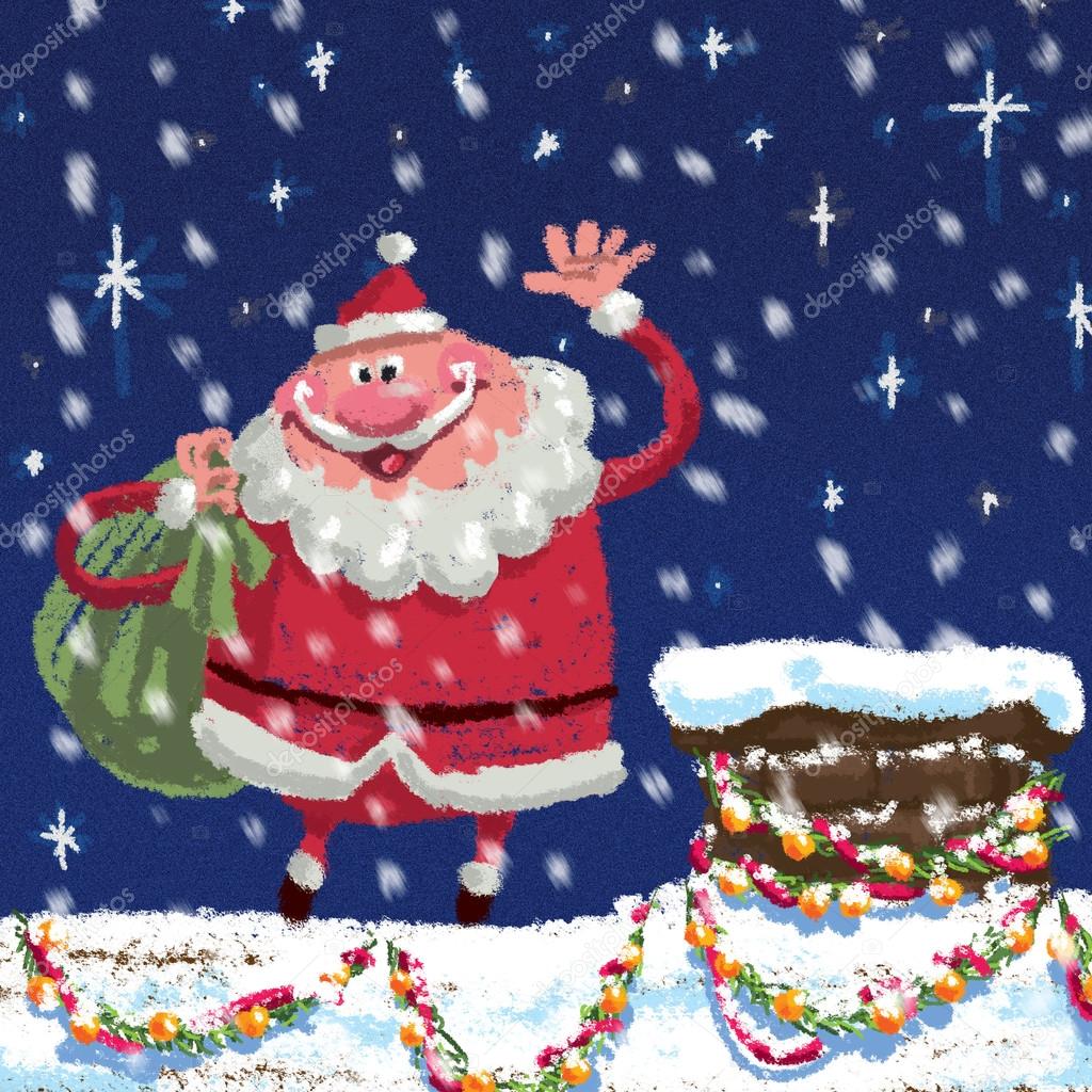 Scene of cartoon Santa Claus at roof delivering Christmas presen