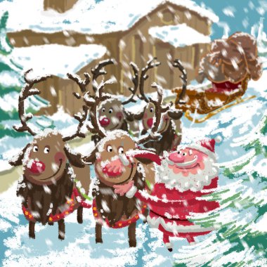 Noel karikatür Noel Baba hazırlanıyor kızağı sahne ve re kar yağışı