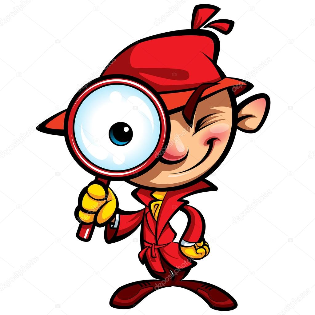 Cartoon cute detective investigation with red coat and magnifyin