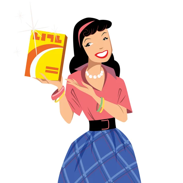 Vintage lady smiling  at retro advertisement advertising a shinn — Stock Vector