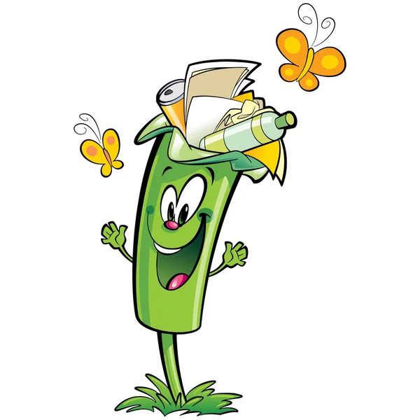 Feliz cartoon verde lixo bin personagem reciclagem de plástico de papel — Vetor de Stock