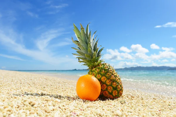 Frutas frescas e bela praia — Fotografia de Stock