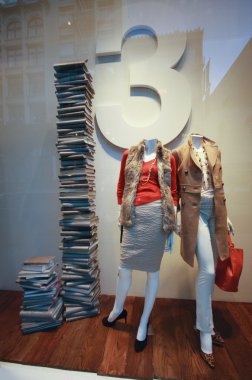 Butik vitrin giyinmiş mankenler ve yüksek yığın kitap. Hiçbir brandnames veya telif hakkı nesneleri