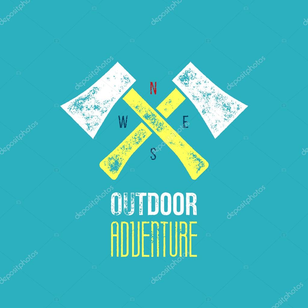Outdoor adventure t-shirt logo design - vector illustration - crossed axes on light blue background with outdoor adventure sign and era