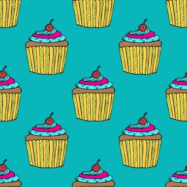 Colorful Hand-drawn Cup Cake Pattern on Blue Background