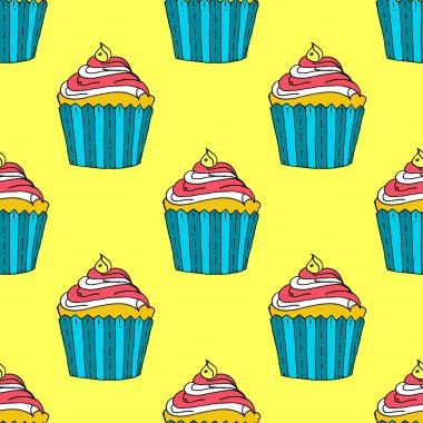 Sarı arka plan üzerinde renkli çizilmiş küp kek desen