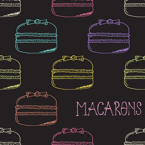 Colorful Hand-drawn Macarons Outline Pattern on Dark Background — Stock Vector