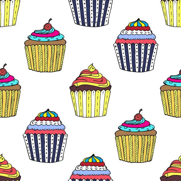 Colorful Hand-drawn Cup Cake Pattern on White Background — Stock Vector