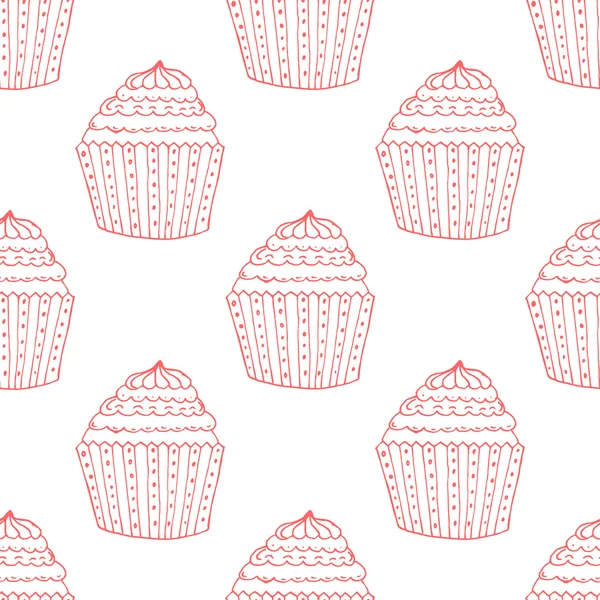 Red Hand-drawn Cup Cake Outline Pattern on White Background — Stock Vector