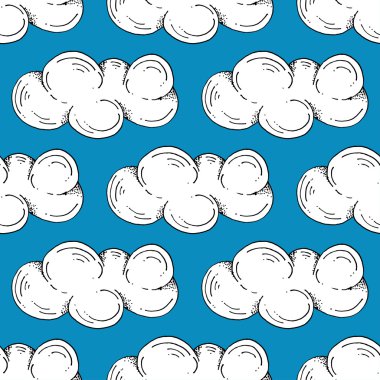 White Hand Drawn Clouds Pattern on Flat Blue Background