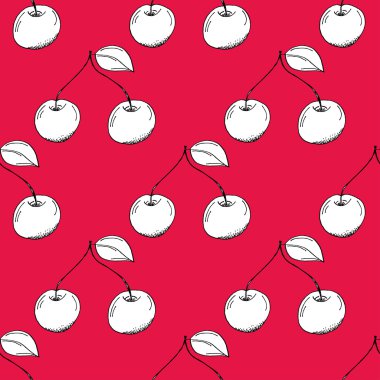 Hand Drawn Paper Cut White Cherry Pattern on Red Background