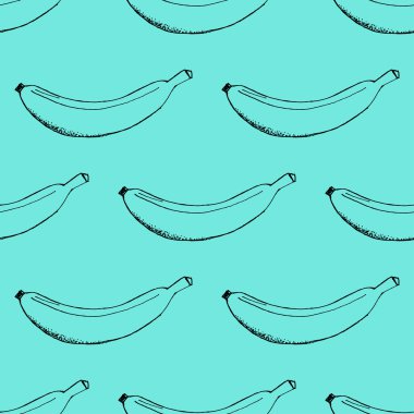 Hand Drawn Outline Stroke Banana Pattern on Blue Background