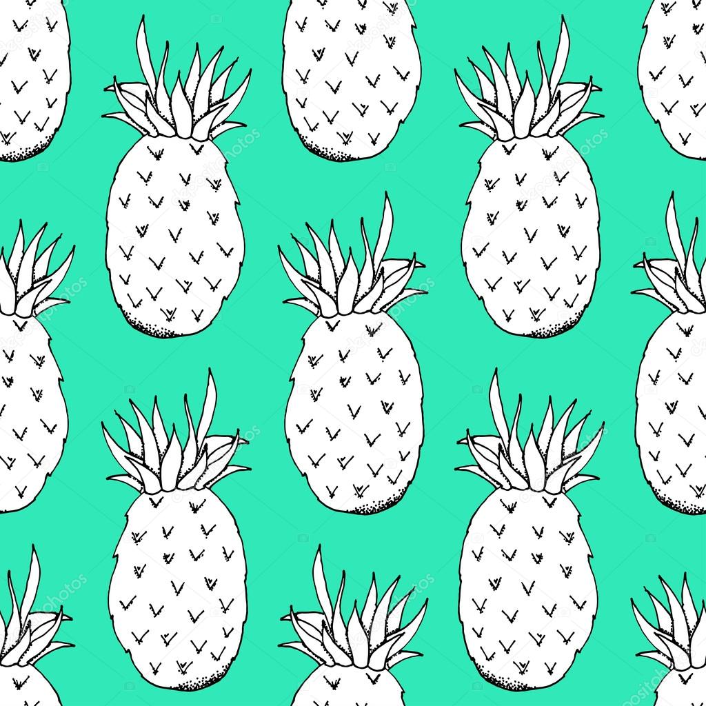 Hand Drawn Paper Cut Pineapple Pattern on Green Background