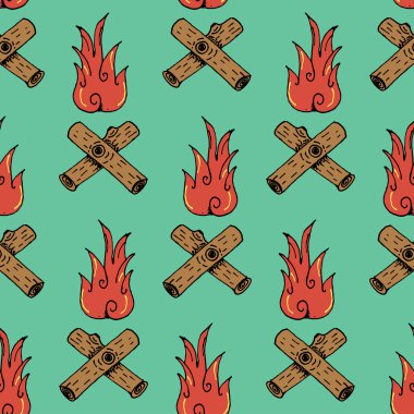 Hand Drawn Camp Fire Illustration Pattern on Green Background