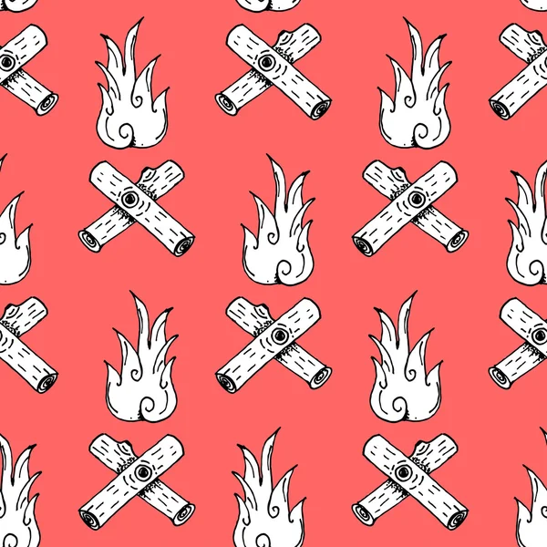 Patrón de ilustración de corte de papel de fuego de campamento dibujado a mano en Red Backg — Vector de stock