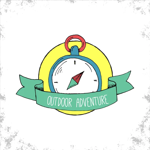 Badge d'aventure extérieur Hipster dessiné à la main avec boussole Illustra — Image vectorielle