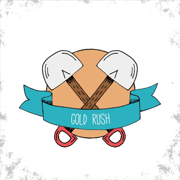 Hand Drawn Hipster Gold Rush Badge with Two Crossed Shovels — Wektor stockowy