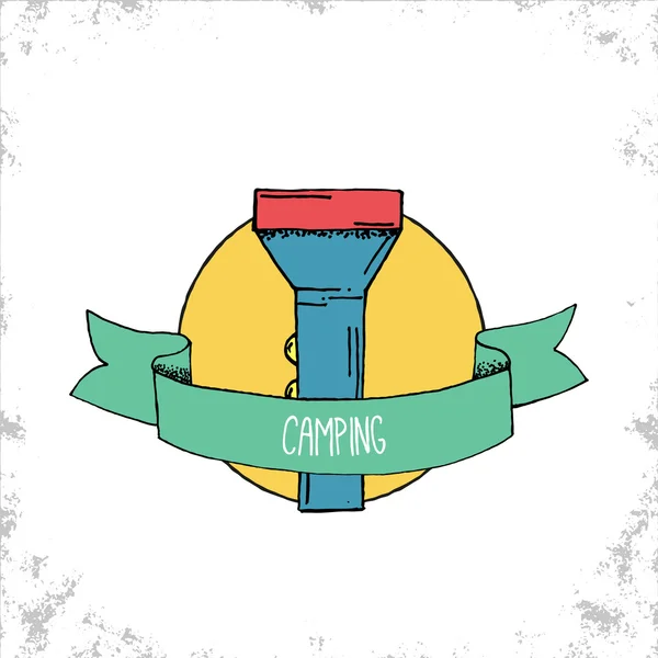Insignia de camping Hipster dibujada a mano con ilustración de linterna — Vector de stock