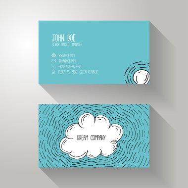 Cartoon Style Hand Drawn Business Card Template with Clouds Them