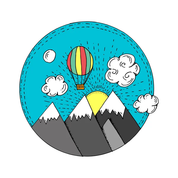 Paisaje dibujado a mano del estilo de la historieta con la ilustración del globo del aire — Archivo Imágenes Vectoriales
