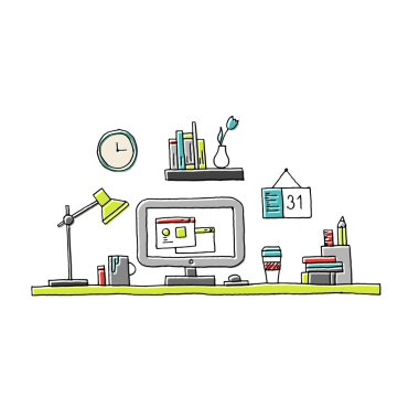 Hand illustrated thin line creative workspace with retro ofset e