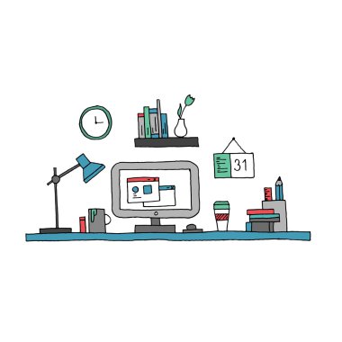 Hand illustrated thin line creative workspace