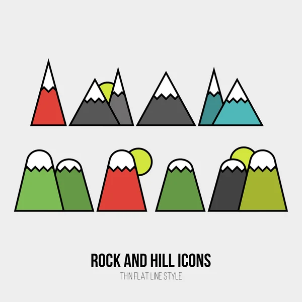 Conjunto de ícones de montanhas e colinas com pôr do sol no moderno fino —  Vetores de Stock