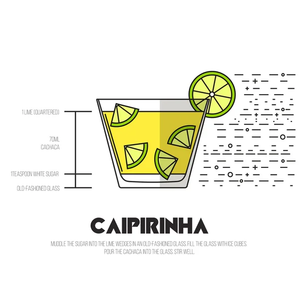 Caipirinha - Delgada línea plana estilo coctel receta — Vector de stock