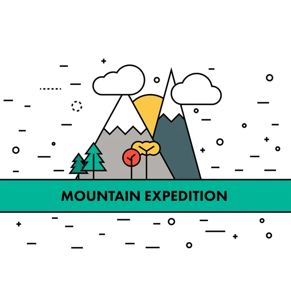 Tunn platt linje mountain adventures illustration. Motiverande po — Stock vektor