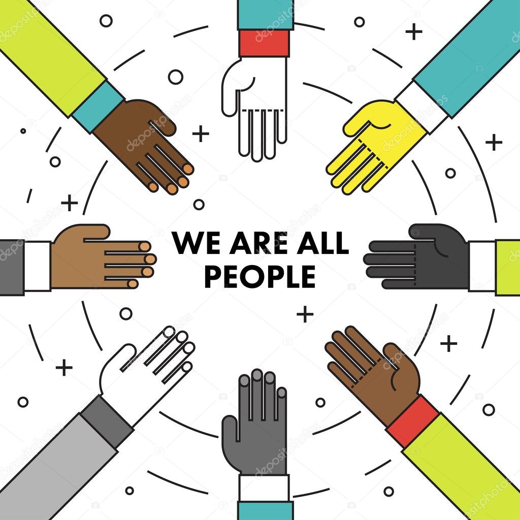 We are all people. Flat thin line motivational poster against racism and discrimination