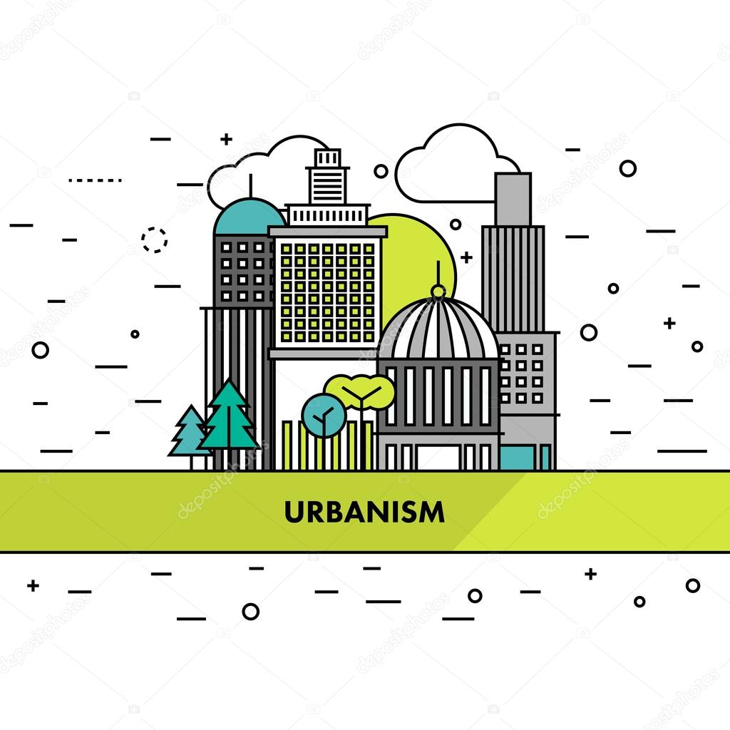 Flat thin line urban landscape illustration. City scene on a whi