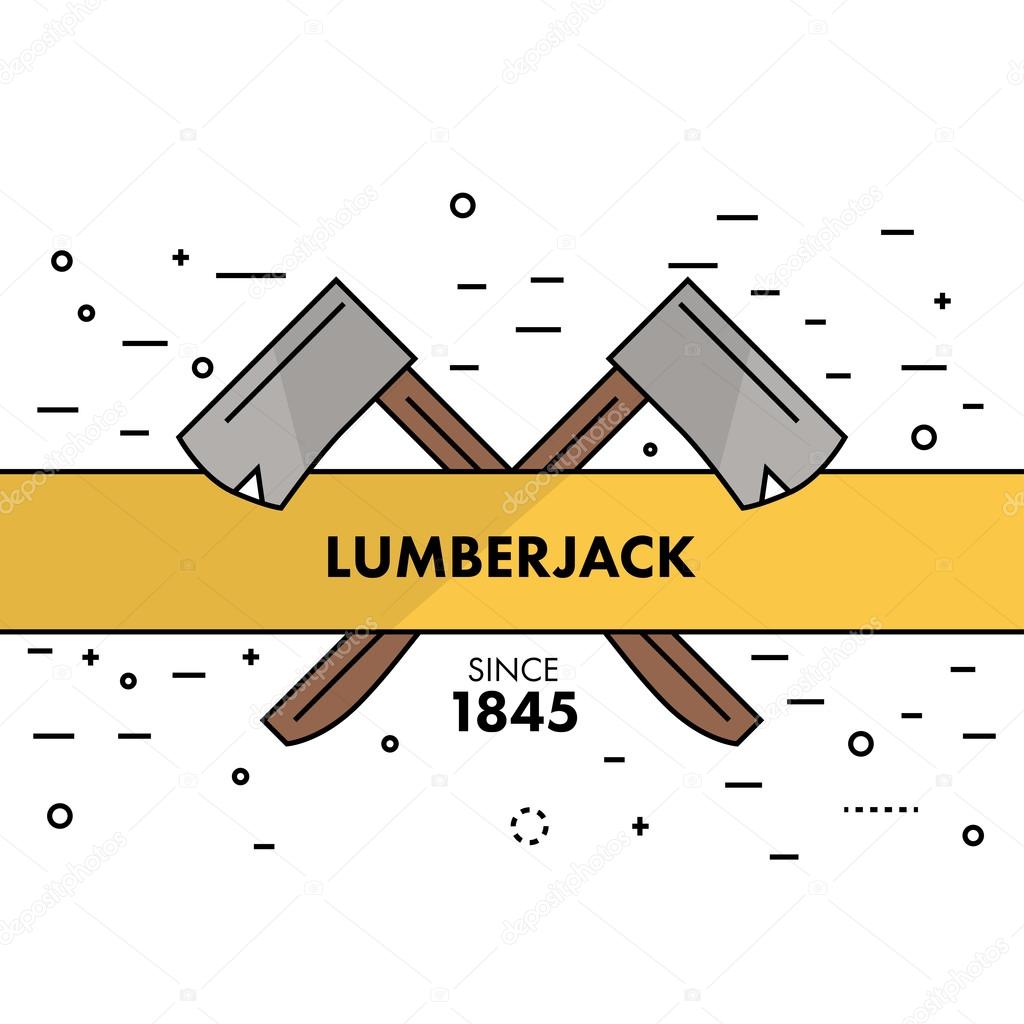 Flat thin line lumberjack banner or logo template. Two crossed a