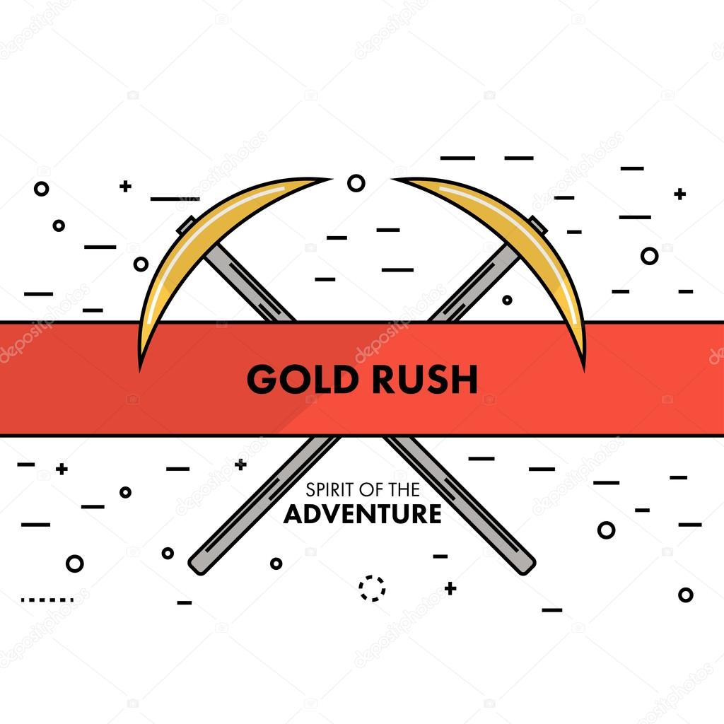 Flat thin line Gold Rush spirit of adventure banner or logo template. Two crossed pickaxes on a white background with an sign in the ribbon. Self promo marketing resource. Vector illustration.