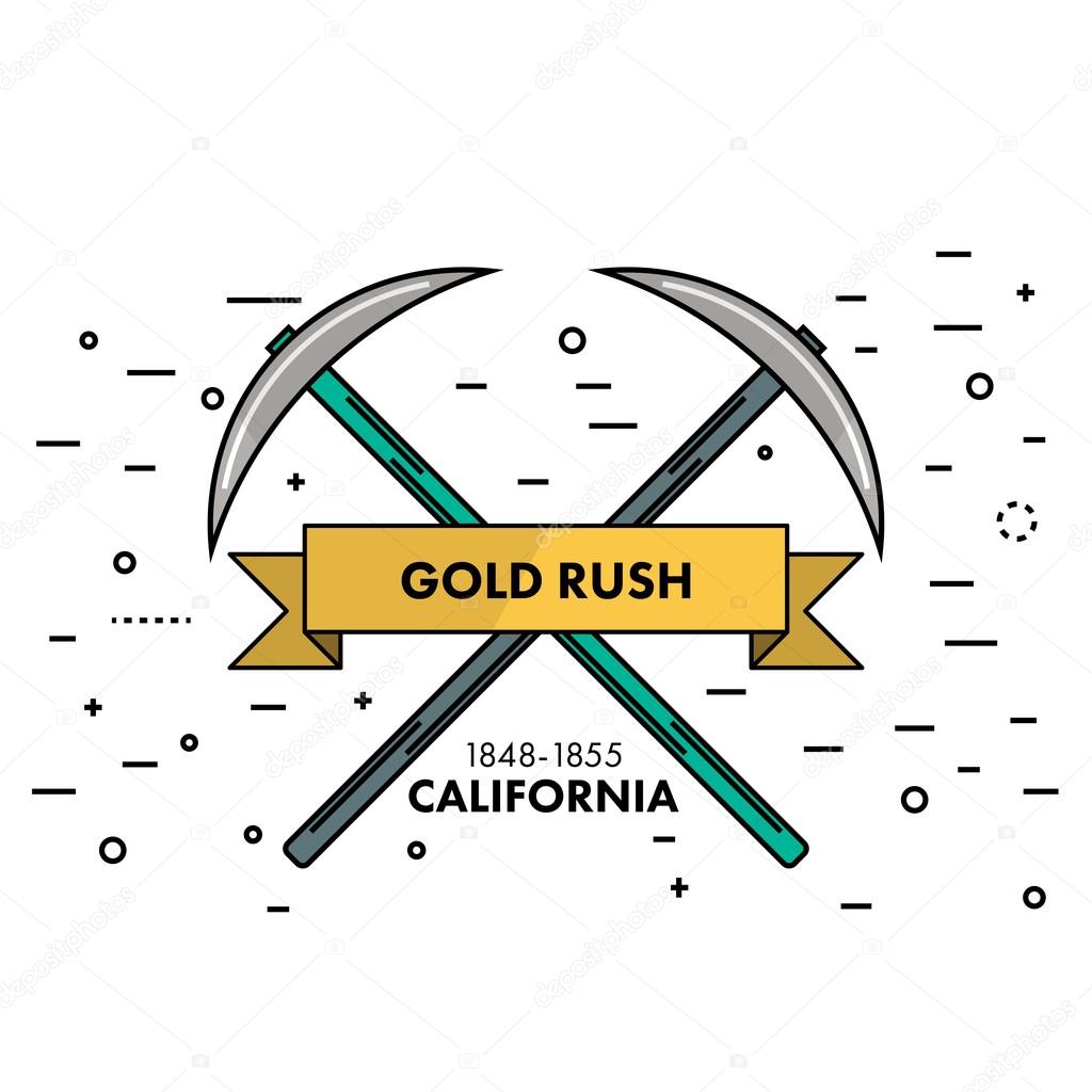 Flat thin line Gold Rush California banner or logo template. Two crossed pickaxes on a white background with an sign in the ribbon. Self promo marketing resource. Vector illustration.