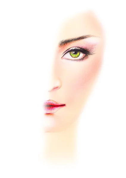 Naturliga rosa nyanser av kvinnor makeup i hälften dras — Stockfoto