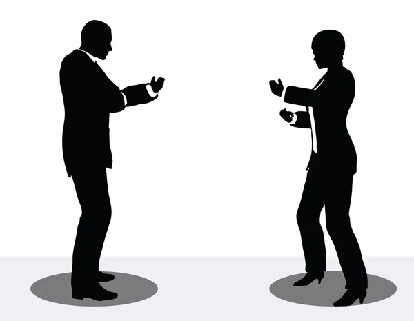 Uomo d'affari e donna silhouette al telefono — Vettoriale Stock