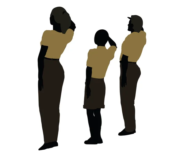 Hombre, mujer y una silueta infantil en pose de Saludo Militar — Vector de stock