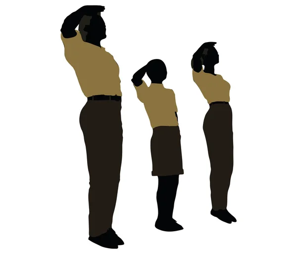 Man, woman and a child silhouette in Military Salute pose — Stock Vector