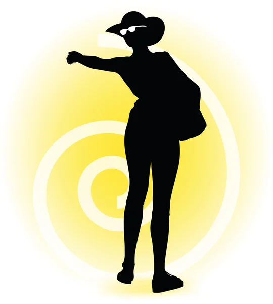 Τουριστική γυναίκα σιλουέτα με τσάντα και γυαλιά ηλίου — Διανυσματικό Αρχείο