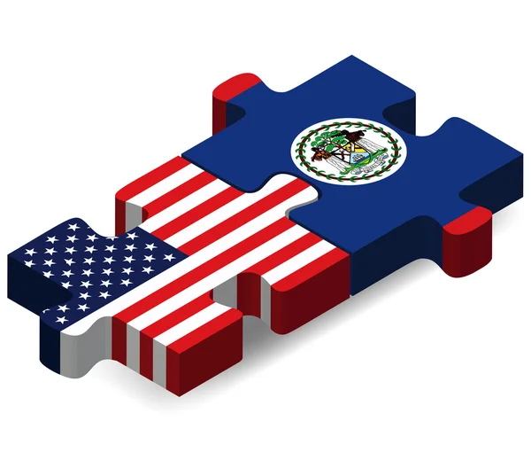 Banderas de Estados Unidos y Belice en rompecabezas — Vector de stock