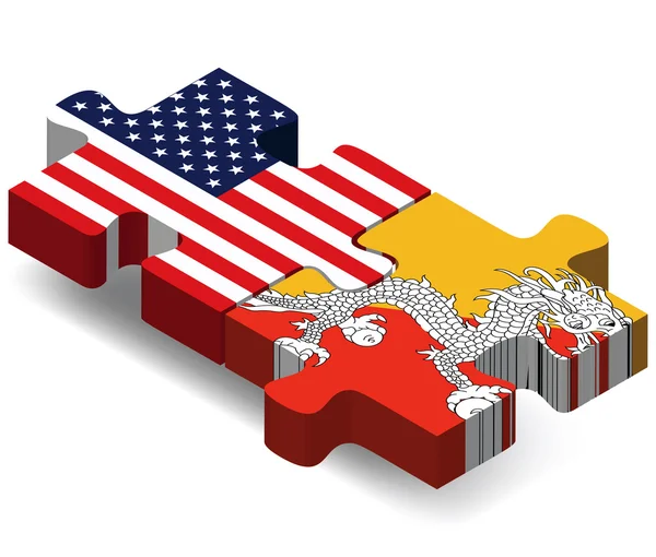 VS en Bhutan vlaggen in puzzel — Stockvector