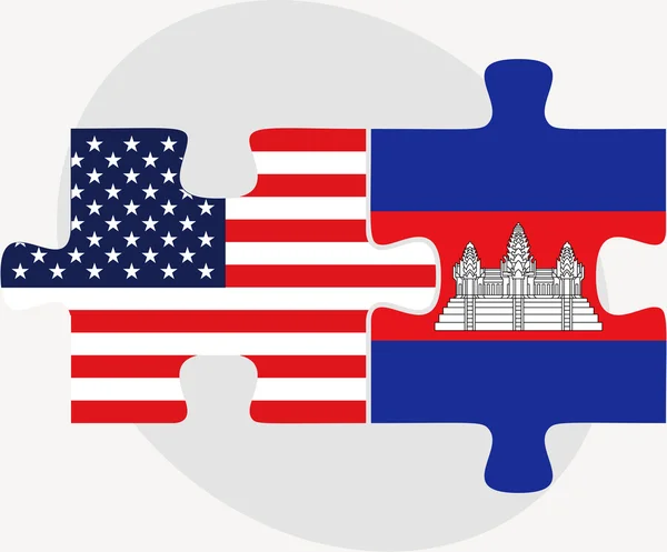 美国和柬埔寨国旗在拼图 — 图库矢量图片